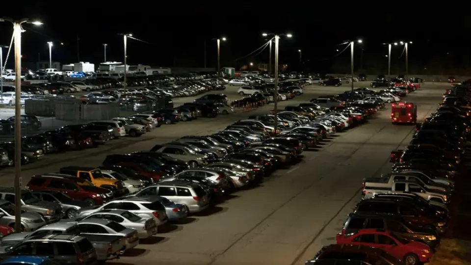 Airport parking and terminal lights at night