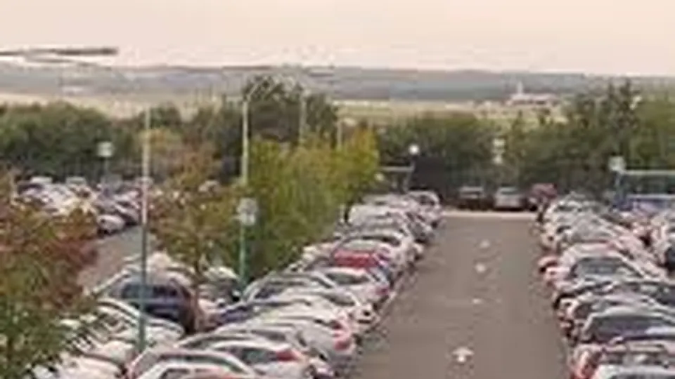 Aerial view of an airport parking area
